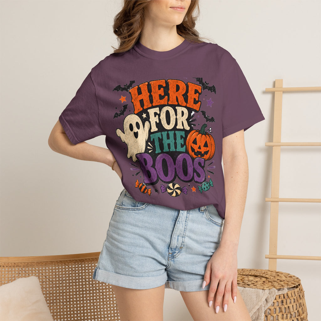 Halloween "Here for the Boos" T-Shirt — Cute Ghost Pumpkin Candy Tee