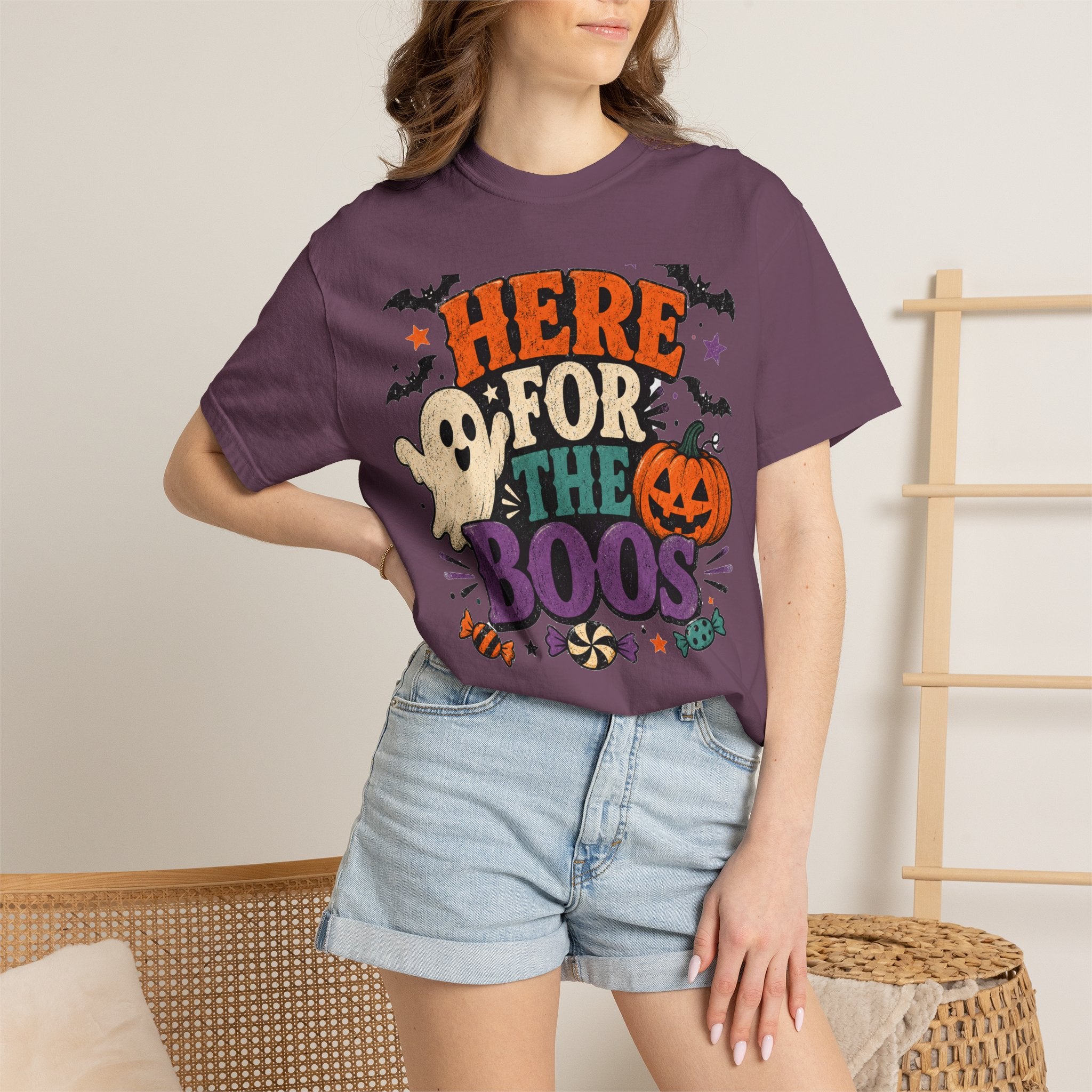Halloween "Here for the Boos" T-Shirt — Cute Ghost Pumpkin Candy Tee