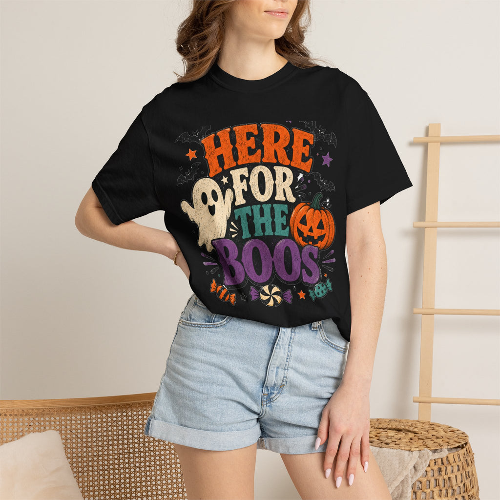 Halloween "Here for the Boos" T-Shirt — Cute Ghost Pumpkin Candy Tee