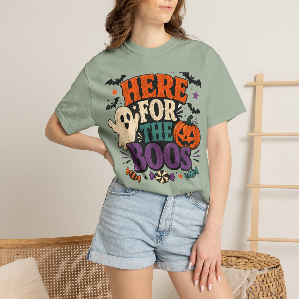 Halloween "Here for the Boos" T-Shirt — Cute Ghost Pumpkin Candy Tee