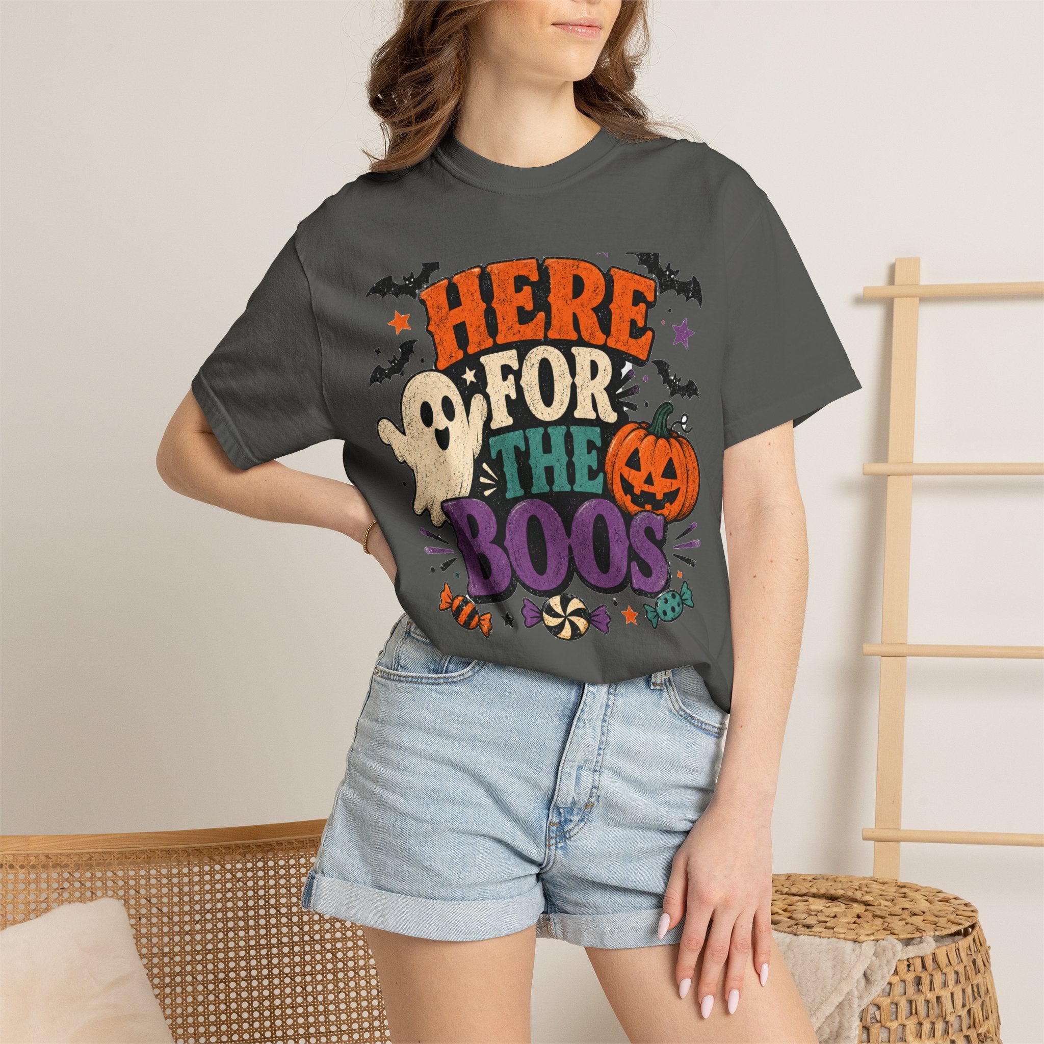 Halloween "Here for the Boos" T-Shirt — Cute Ghost Pumpkin Candy Tee