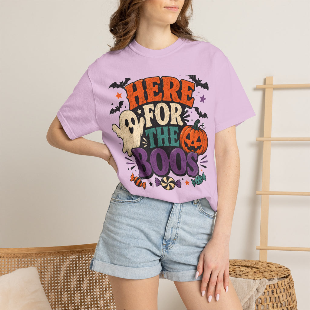 Halloween "Here for the Boos" T-Shirt — Cute Ghost Pumpkin Candy Tee