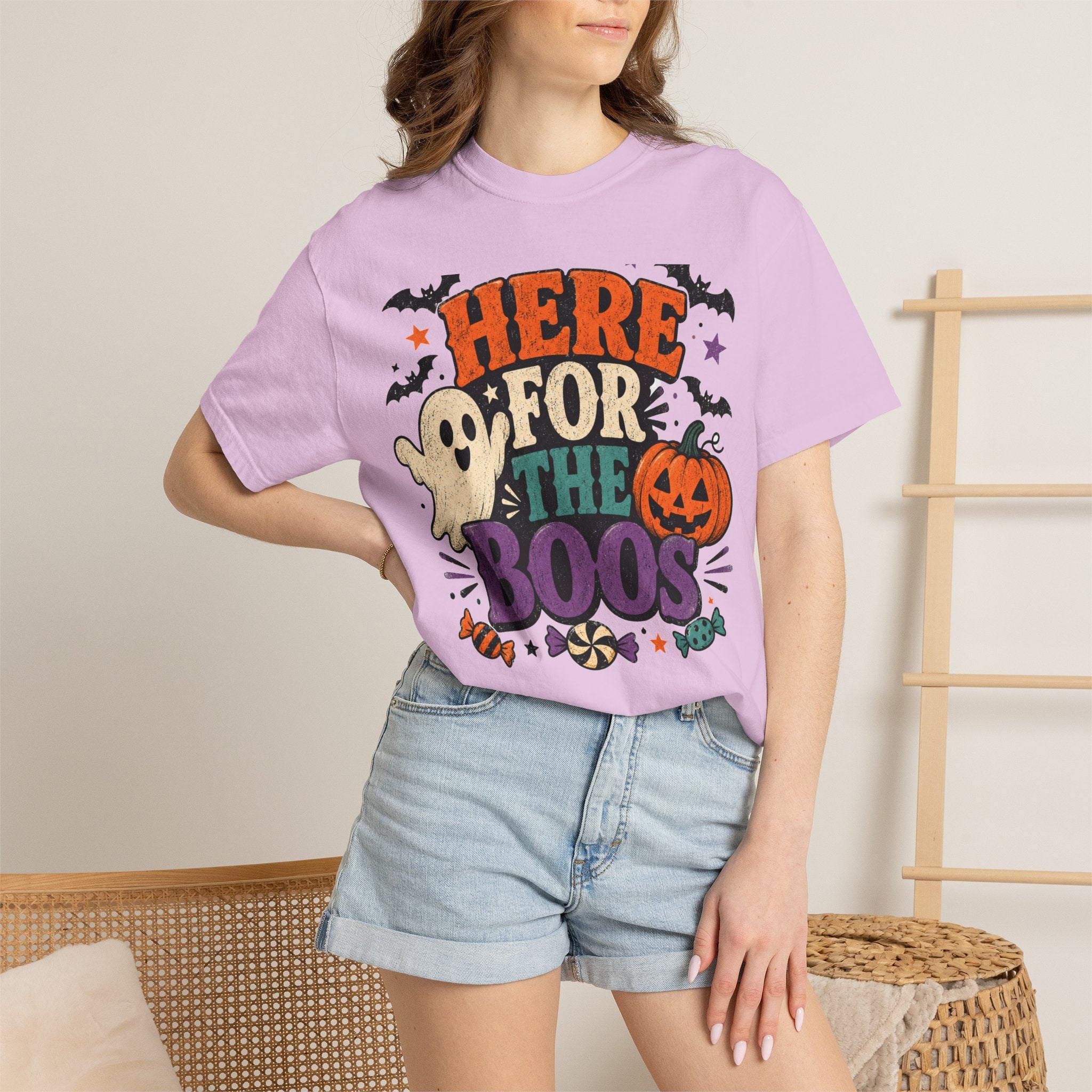 Halloween "Here for the Boos" T-Shirt — Cute Ghost Pumpkin Candy Tee