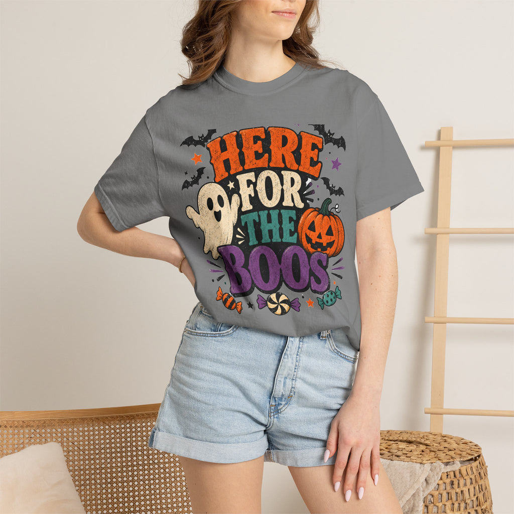 Halloween "Here for the Boos" T-Shirt — Cute Ghost Pumpkin Candy Tee