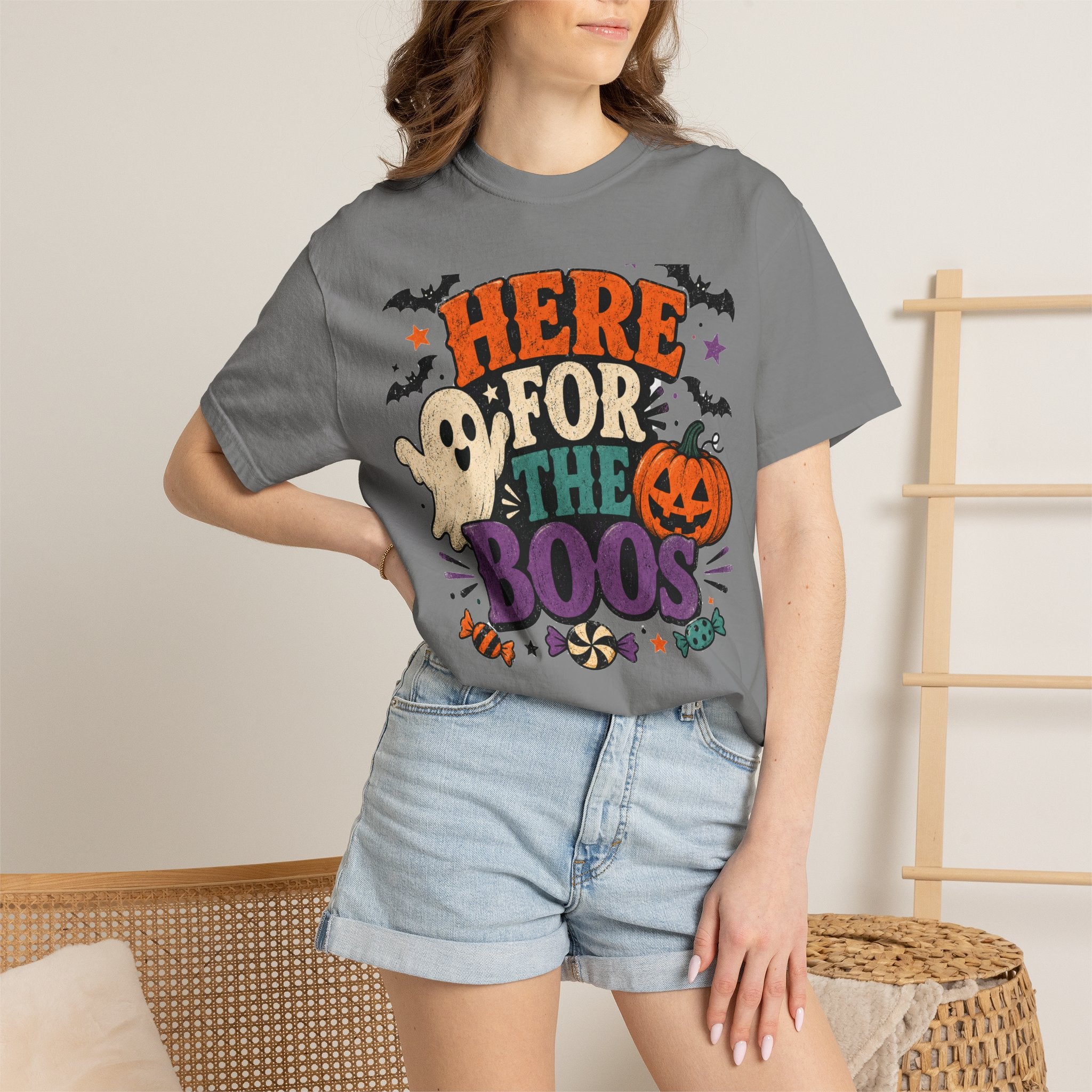 Halloween "Here for the Boos" T-Shirt — Cute Ghost Pumpkin Candy Tee