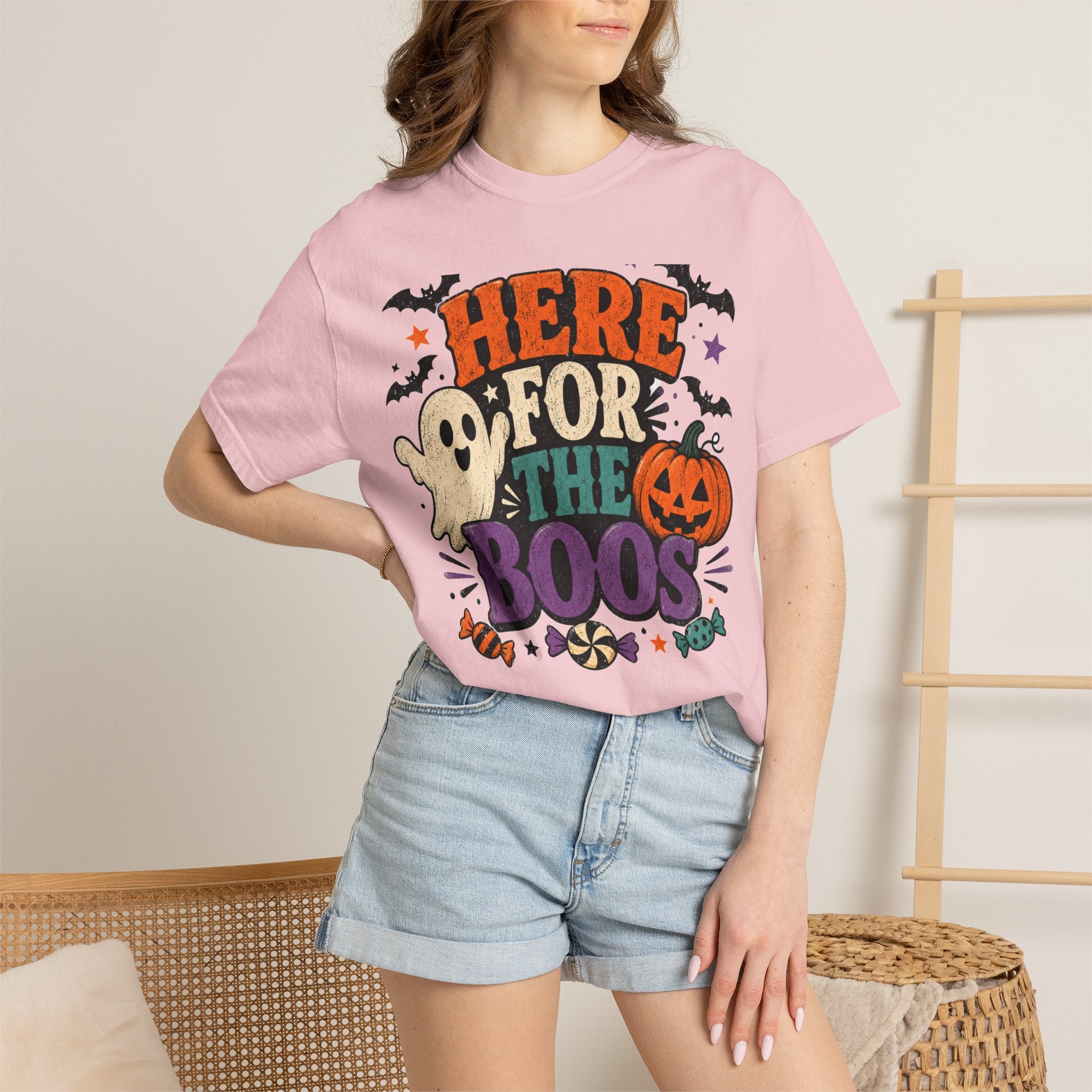 Halloween "Here for the Boos" T-Shirt — Cute Ghost Pumpkin Candy Tee
