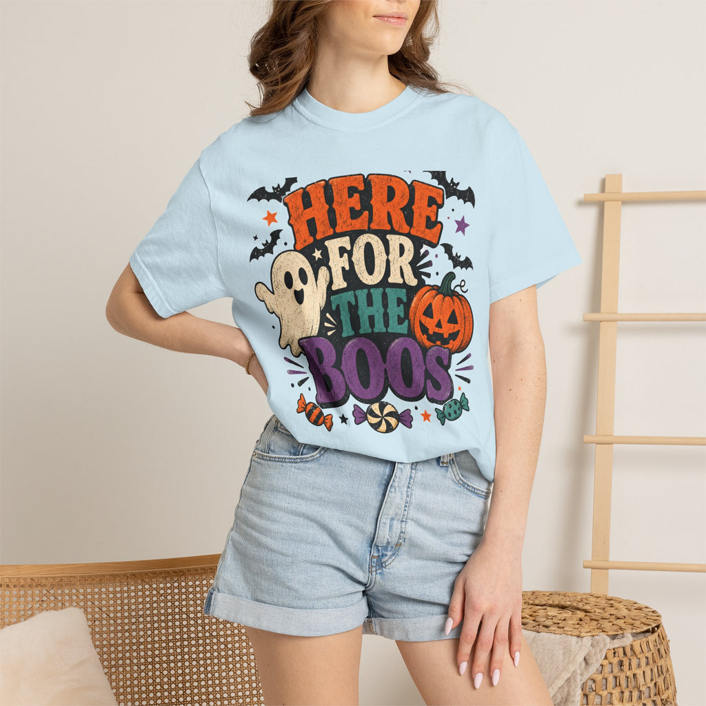 Halloween "Here for the Boos" T-Shirt — Cute Ghost Pumpkin Candy Tee