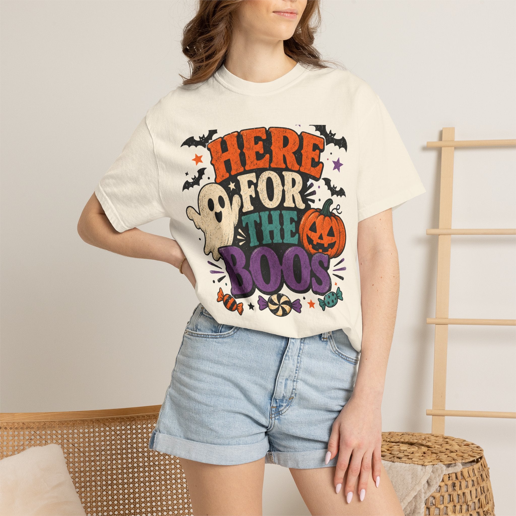 Halloween "Here for the Boos" T-Shirt — Cute Ghost Pumpkin Candy Tee