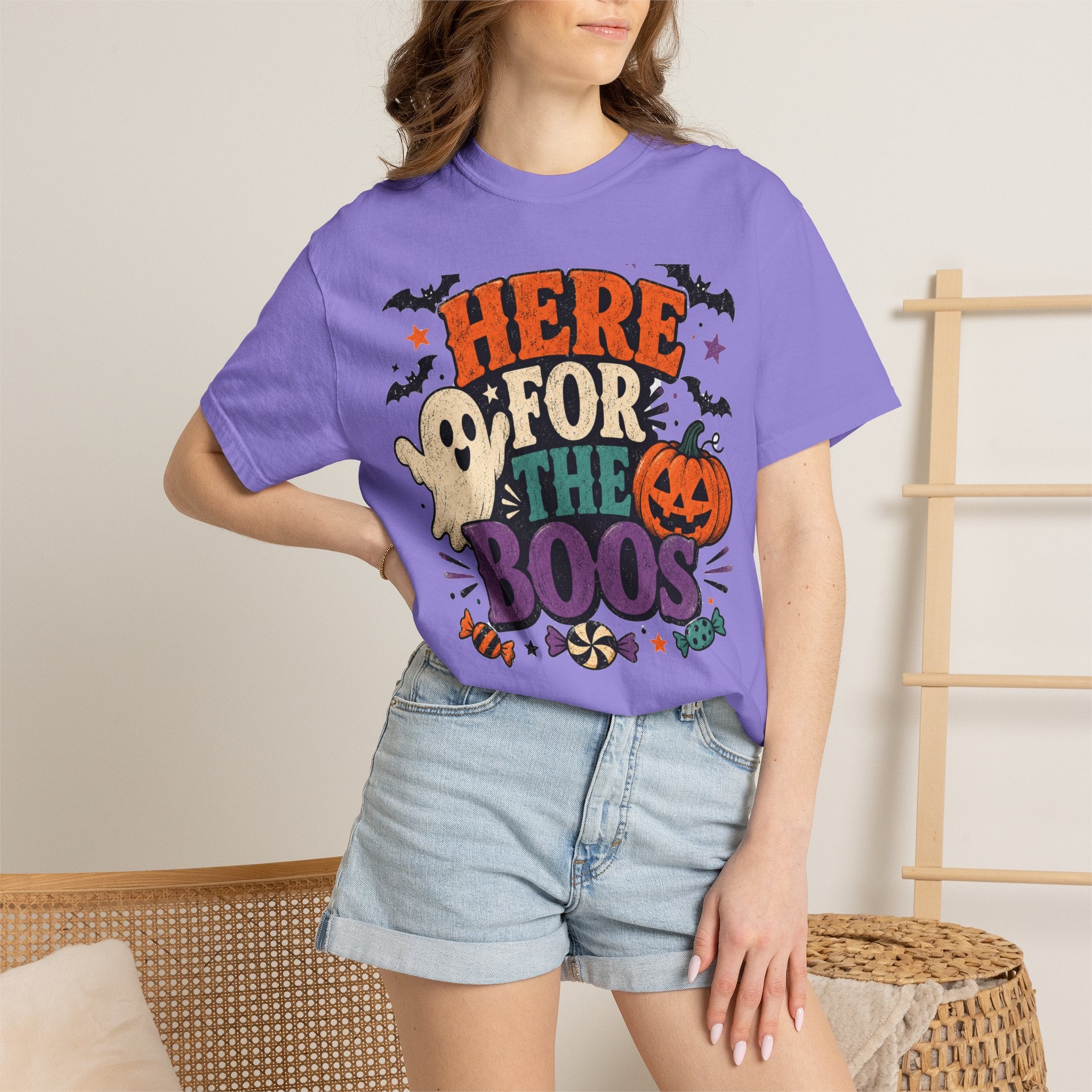 Halloween "Here for the Boos" T-Shirt — Cute Ghost Pumpkin Candy Tee