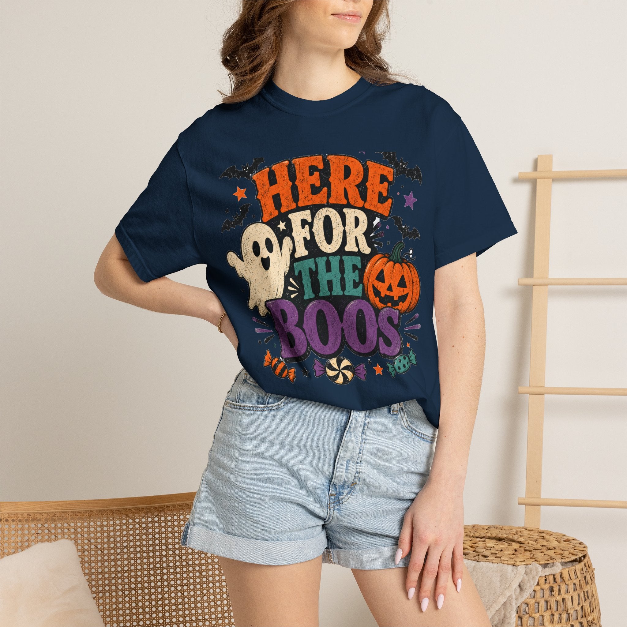 Halloween "Here for the Boos" T-Shirt — Cute Ghost Pumpkin Candy Tee