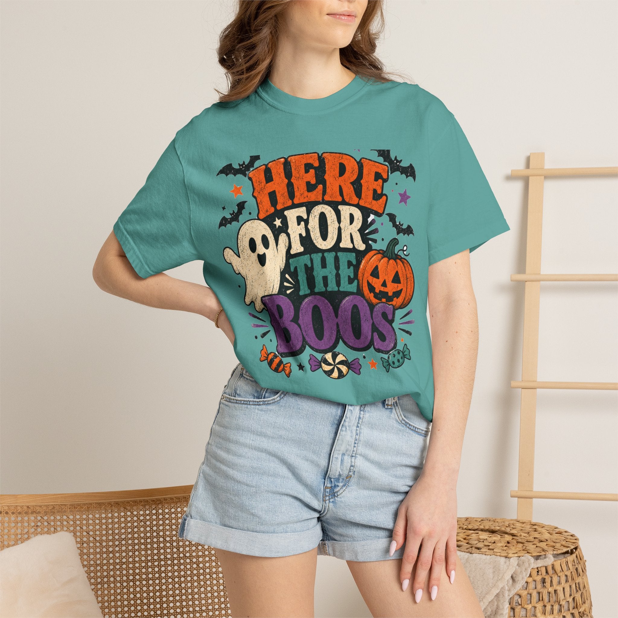 Halloween "Here for the Boos" T-Shirt — Cute Ghost Pumpkin Candy Tee