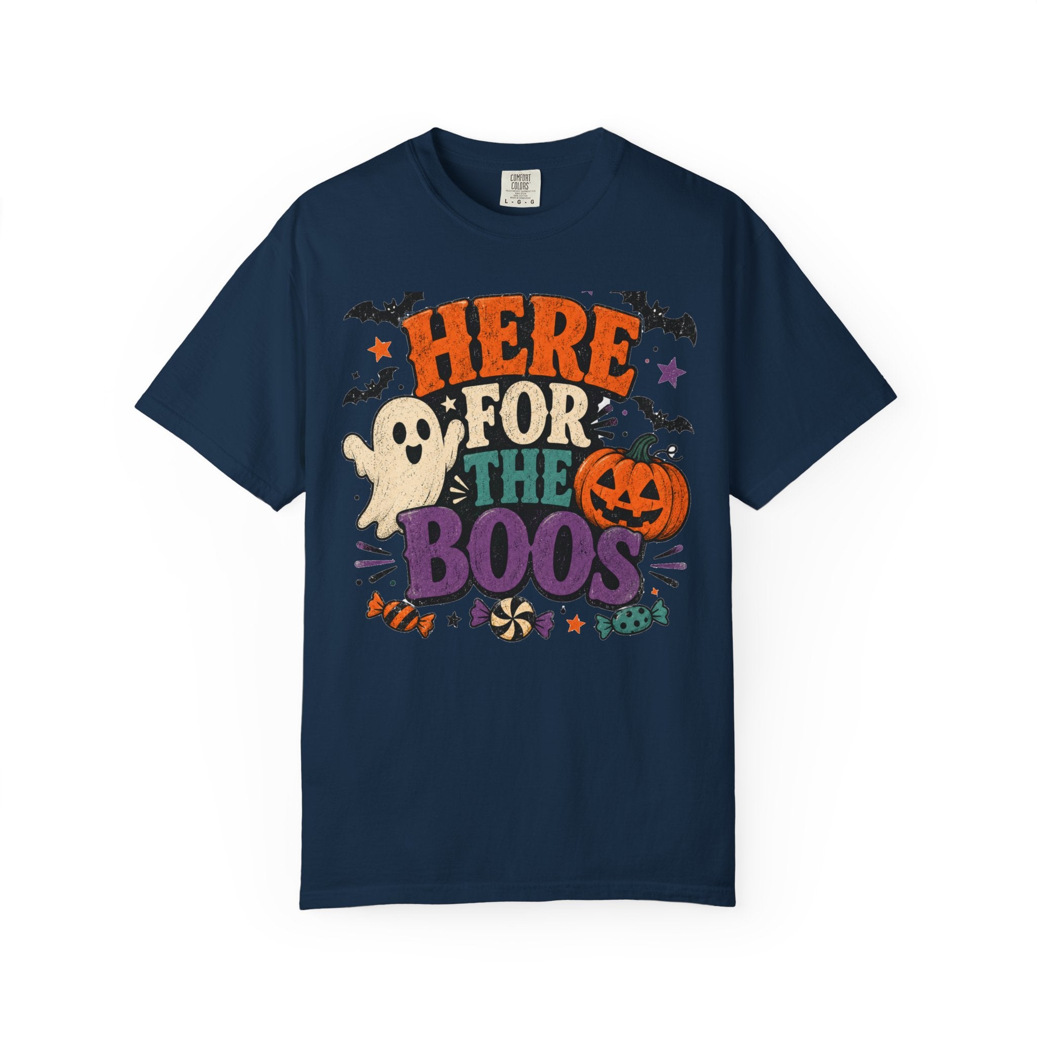 Halloween "Here for the Boos" T-Shirt — Cute Ghost Pumpkin Candy Tee