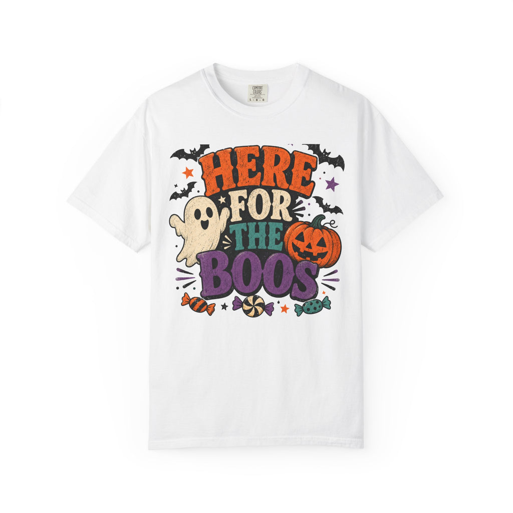 Halloween "Here for the Boos" T-Shirt — Cute Ghost Pumpkin Candy Tee
