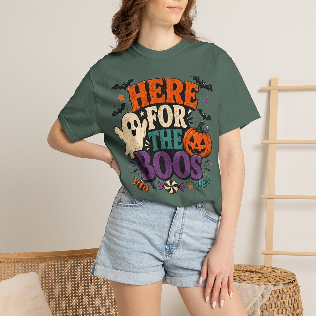 Halloween "Here for the Boos" T-Shirt — Cute Ghost Pumpkin Candy Tee
