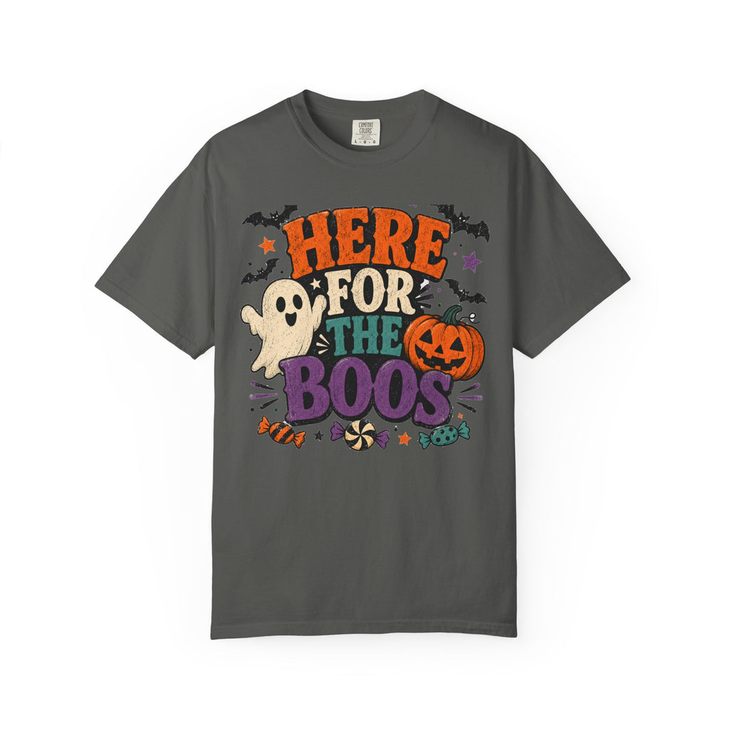 Halloween "Here for the Boos" T-Shirt — Cute Ghost Pumpkin Candy Tee
