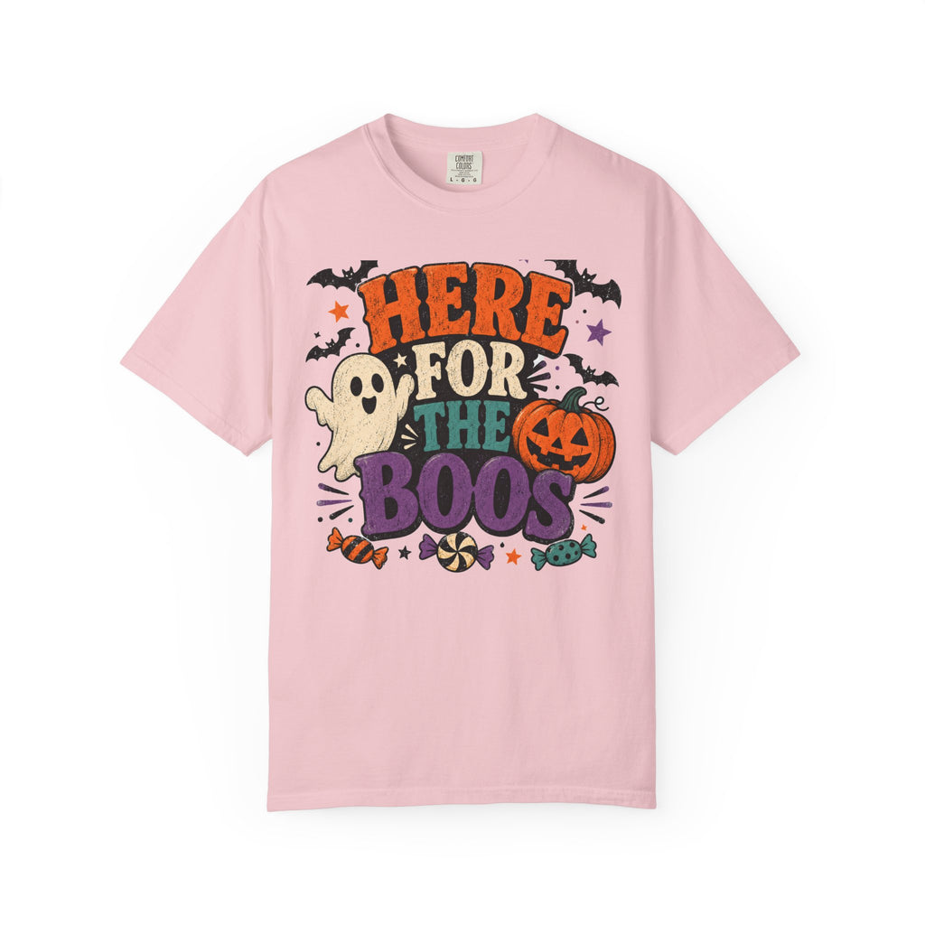 Halloween "Here for the Boos" T-Shirt — Cute Ghost Pumpkin Candy Tee