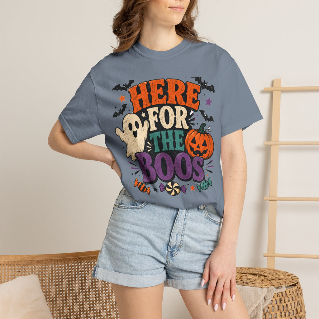 Halloween "Here for the Boos" T-Shirt — Cute Ghost Pumpkin Candy Tee